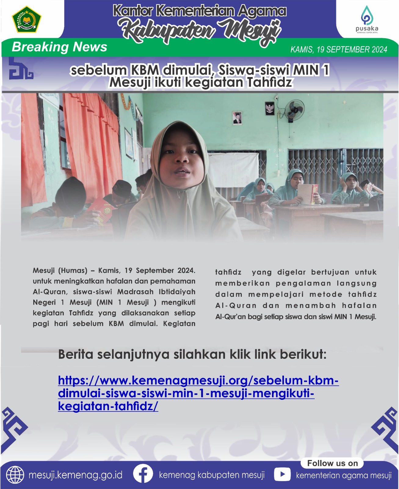 sebelum KBM dimulai, Siswa-siswi MIN 1 Mesuji ikuti kegiatan Tahfidz